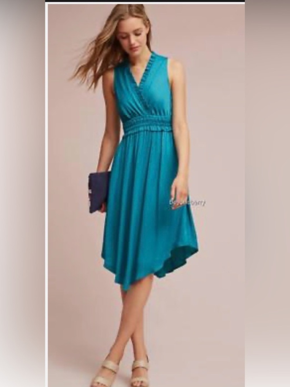 Maeve Antropologie Teal Sleeveless V-Neck Handkerchief Hem Dress
